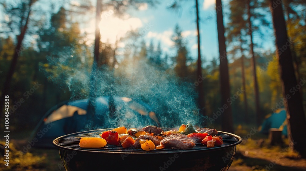 Grilling food outdoors at a campsite. Grilling food outdoors at a campsite.
