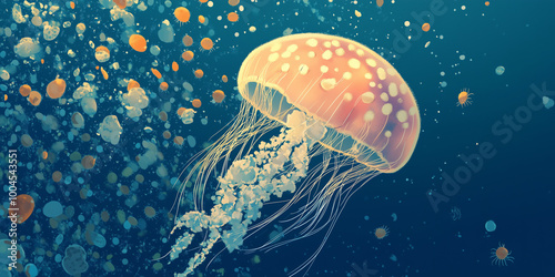 A box jelly swimming near an underwater rock formation, interacting with the ocean currents, animal illustration photo