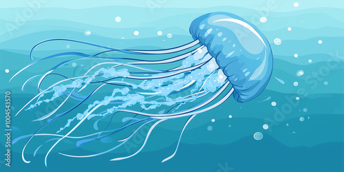 Box jellyfish swimming in open water with tentacles trailing, animal illustration photo