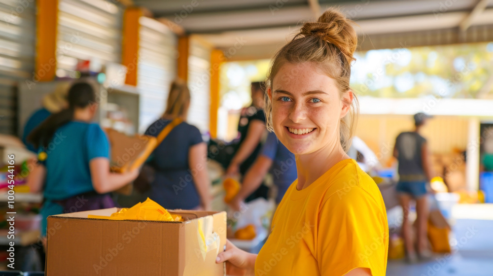 Smiling volunteer with donation box at community charity event Smiling volunteer with donation box at community charity event