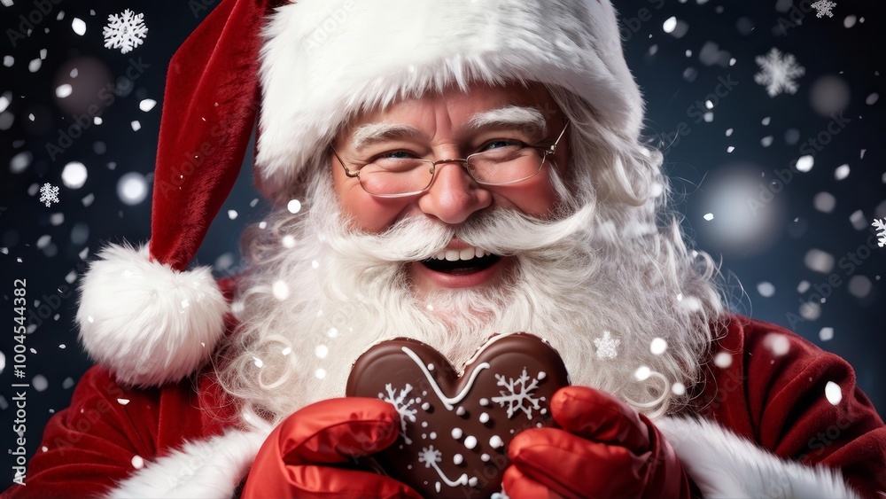 Happy smiling Santa Claus with a chocolate heart in his hands and snowflakes around, Christmas greeting card. Happy smiling Santa Claus with a chocolate heart in his hands and snowflakes around, Christmas greeting card.