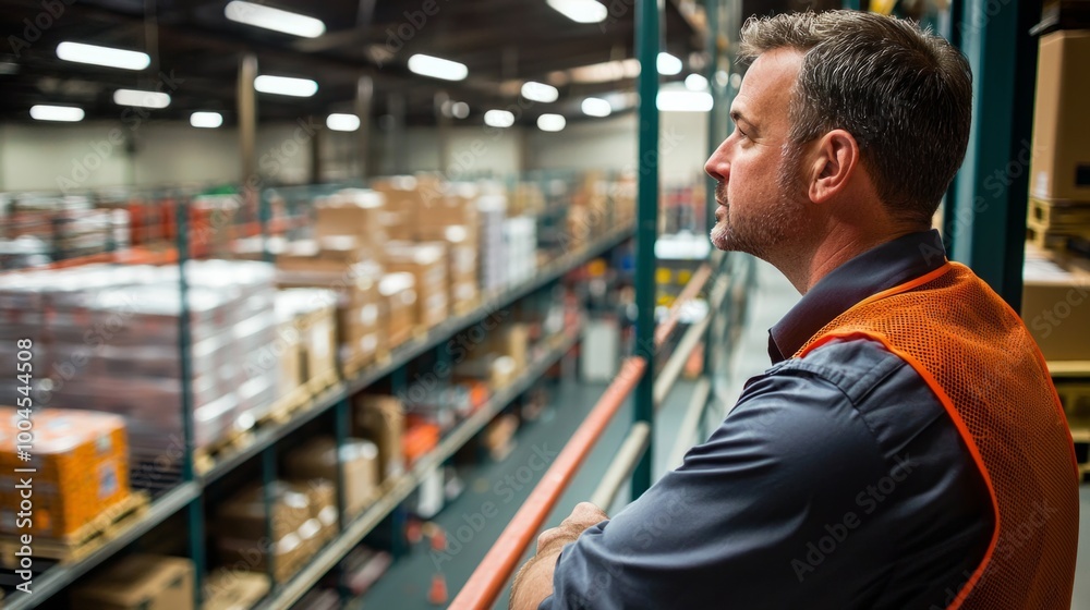 warehouse supervisor overseeing operations on a mezzanine level, looking out over the bustling activities below, emphasizing management and coordination warehouse supervisor overseeing operations on a mezzanine level, looking out over the bustling activities below, emphasizing management and coordination