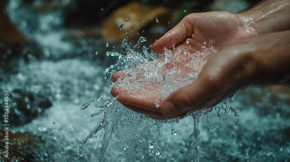 Fototapeta premium Hands catching splashes of water in nature.