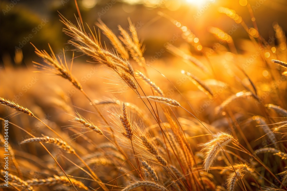 Close-up of golden wheat field illuminated by sunset rays Close-up of golden wheat field illuminated by sunset rays