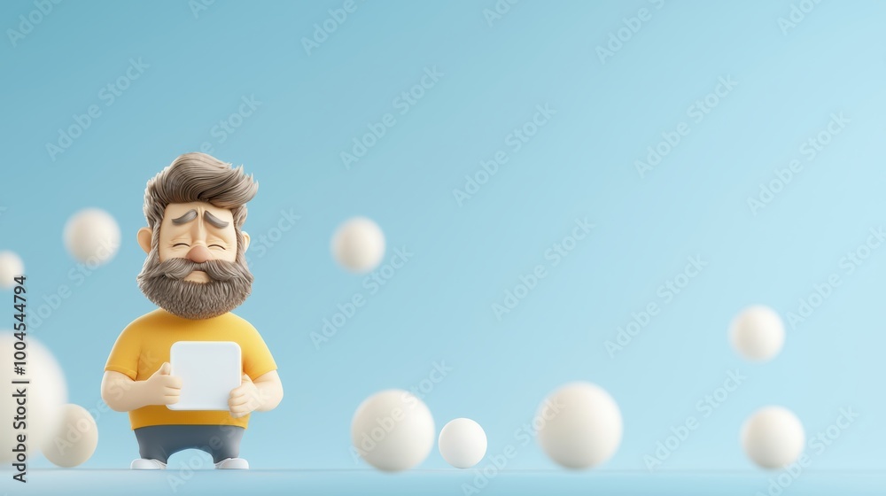 Fototapeta premium Happy Character with Tablet Surrounded by Floating Balls