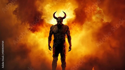 A demonic figure stands amidst a fiery inferno, his horns pointed towards the heavens