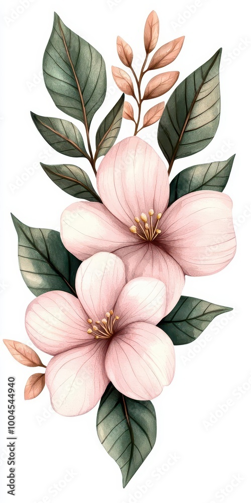 Fototapeta premium Beautiful illustration of pink flowers with delicate leaves, perfect for nature-themed projects and floral designs.