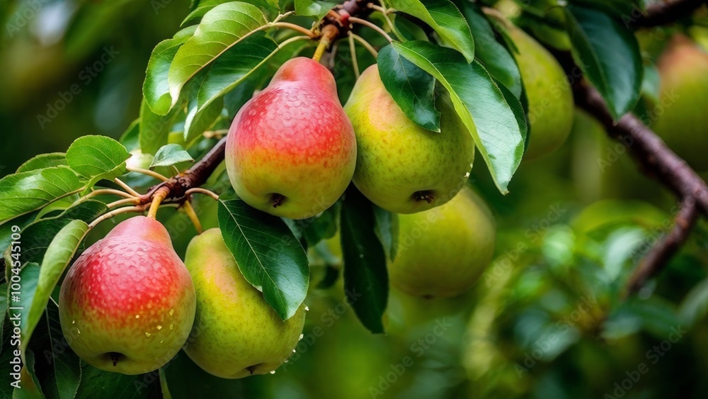 Obraz premium Bunch of fresh ripe pears hanging on a tree in pears garden.