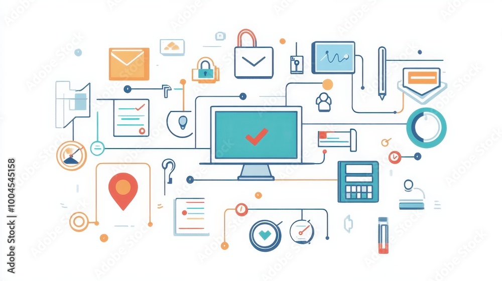Modern technology elements surrounding a computer screen connected to various icons representing digital communication and security measures Modern technology elements surrounding a computer screen connected to various icons representing digital communication and security measures