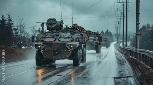 Back view armoured personnel carrier stryker with air defense system trailer hauler carrier truck drive military convoy highway road. US troops moving reloceation force reinforcement eastern Europe,