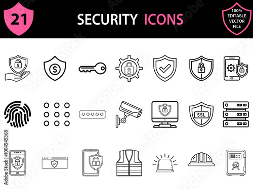 Security website icons sheet in line style with black & white color. security, password, pattern, ssl, safety hat, server, key, lock 