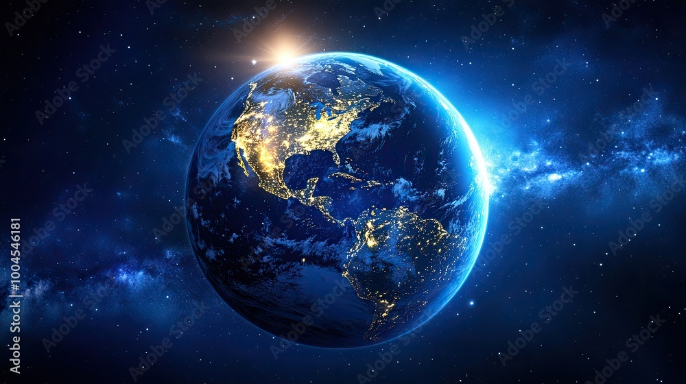 Obraz premium A stunning image of the Earth from space, illuminated by the sun. The continents are clearly visible. The image is a vibrant and beautiful representation of our planet.