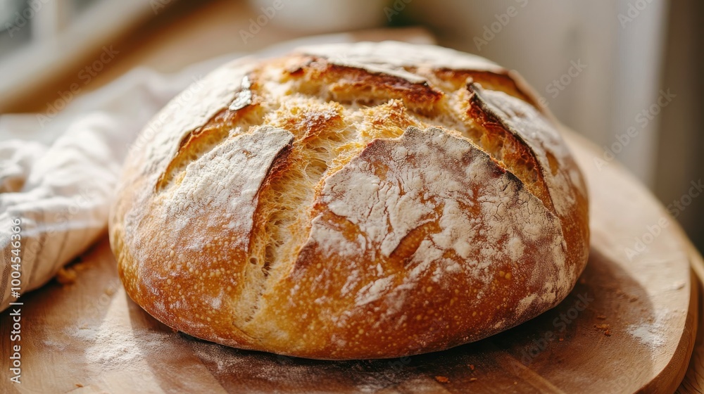 Freshly baked round loaf of artisanal bread cooling on a wooden surface by a sunny window in a cozy kitchen Freshly baked round loaf of artisanal bread cooling on a wooden surface by a sunny window in a cozy kitchen