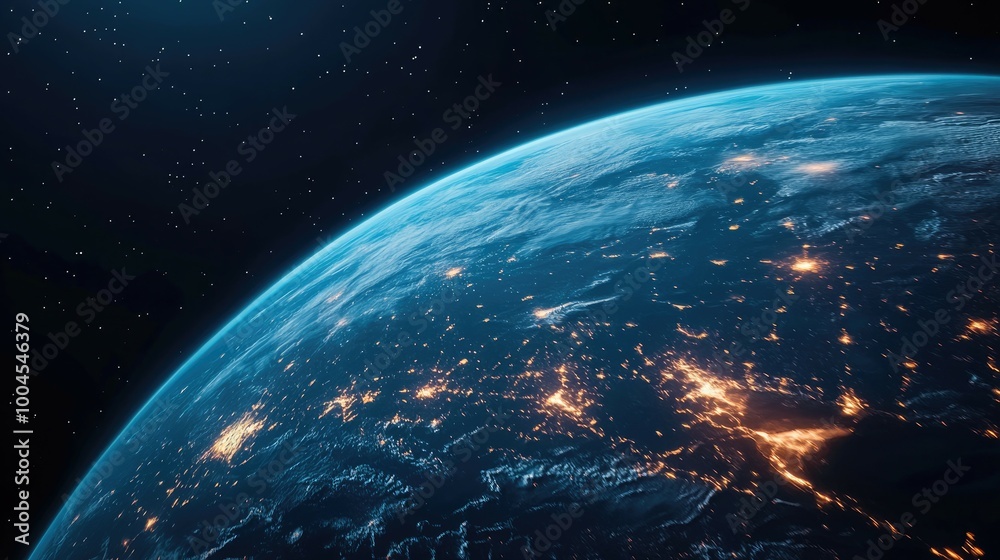 Fototapeta premium A stunning view of Earth from space, showcasing the blue planet with twinkling city lights against the backdrop of a starry night sky.