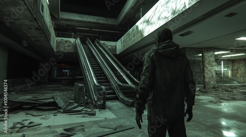 Zombie lurking in an abandoned shopping mall with flickering lights and broken escalators, creating an unsettling atmosphere.