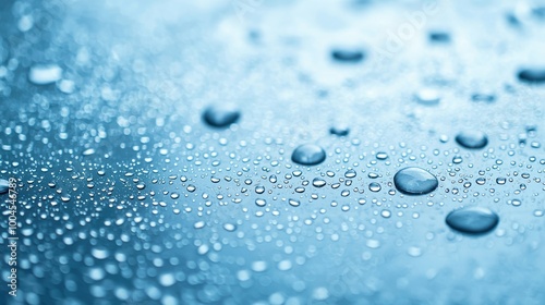 Water Droplets on Surface with Soft Blue Background