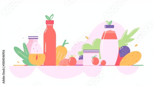 healthy food in a bowl with smoothie bottles, showcasing fruits and vegetables on a white background. 