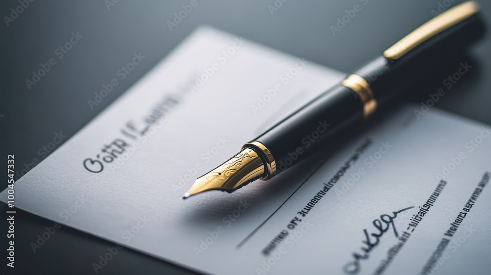 Elegant fountain pen resting on a blank document with a signature in an office setting during daylight Elegant fountain pen resting on a blank document with a signature in an office setting during daylight