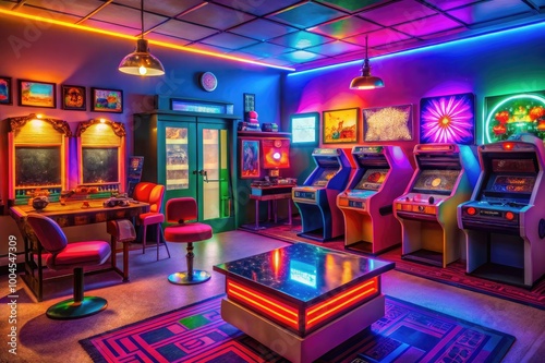 Retro Gaming Room: A nostalgic room with vintage arcade games, retro posters, and neon signs, blending bright colors with a fun, playful vibe.