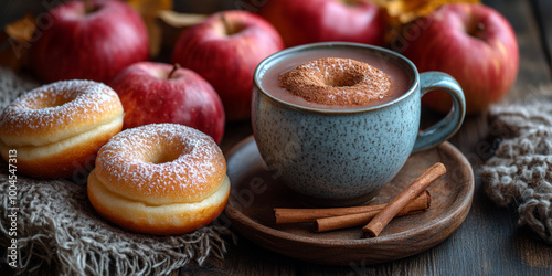 A cup of apple juice with cinnamon and doughnuts on the table, surrounded by apples in autumn.
