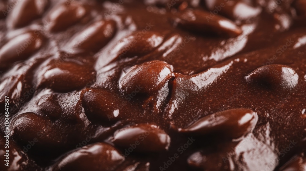 Rich chocolate mixture with glossy texture and chocolate chips on a baking surface, showcasing a decadent dessert preparation Rich chocolate mixture with glossy texture and chocolate chips on a baking surface, showcasing a decadent dessert preparation