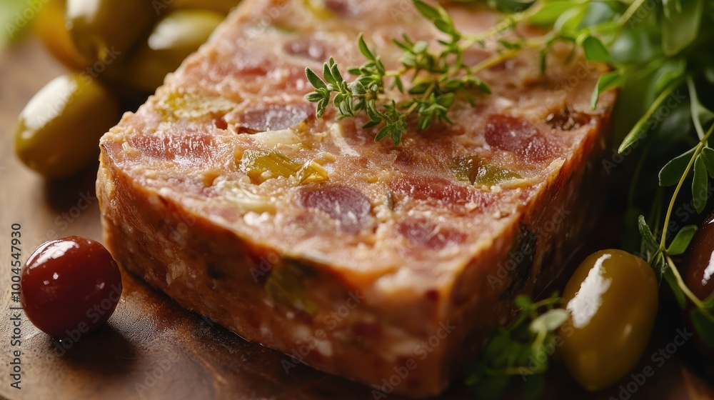 Delicious terrine made with meats, olives, and herbs served on a wooden board for a gourmet dining experience Delicious terrine made with meats, olives, and herbs served on a wooden board for a gourmet dining experience