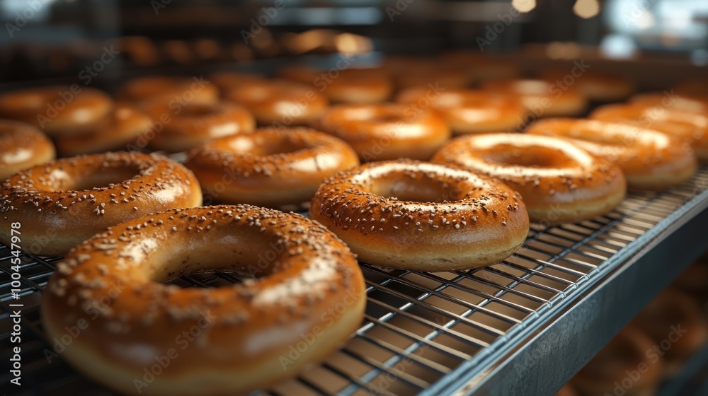 Freshly baked bagels cooling on a rack in a bustling New York bakery, capturing the lively and vibrant atmosphere of the city bakery. Freshly baked bagels cooling on a rack in a bustling New York bakery, capturing the lively and vibrant atmosphere of the city bakery.