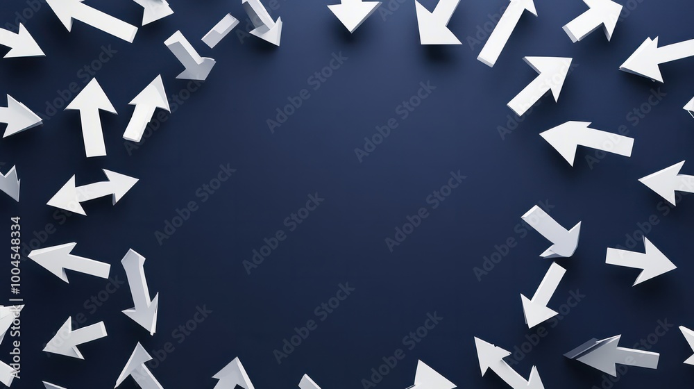 Circular composition of multiple white arrows pointing inward, converging at the center, conveying reversal, cancellation, or undoing, on a dark blue background. Circular composition of multiple white arrows pointing inward, converging at the center, conveying reversal, cancellation, or undoing, on a dark blue background.