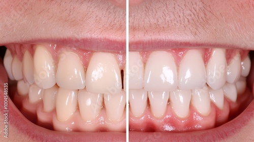 A split screen showing a patient's upper jaw with missing molars before surgery, and a full row of dental implants blending naturally with the surrounding teeth in the after.