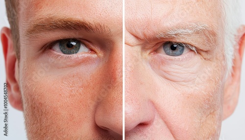 A split-view illustration showing the difference in symmetry between a youthful, smooth face and an older face with visible wrinkles and asymmetry in the features.