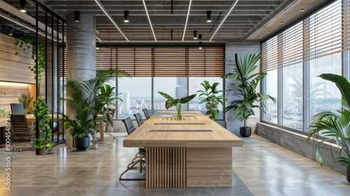 Clean wooden and concrete coworking office interior with panoramic window and city view, furniture and decorative plants, blinds. 3D Rendering