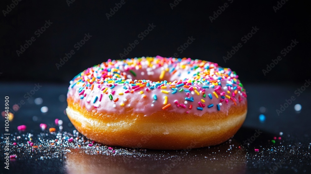 Pink frosted donut with colorful sprinkles on Pink frosted donut with colorful sprinkles on