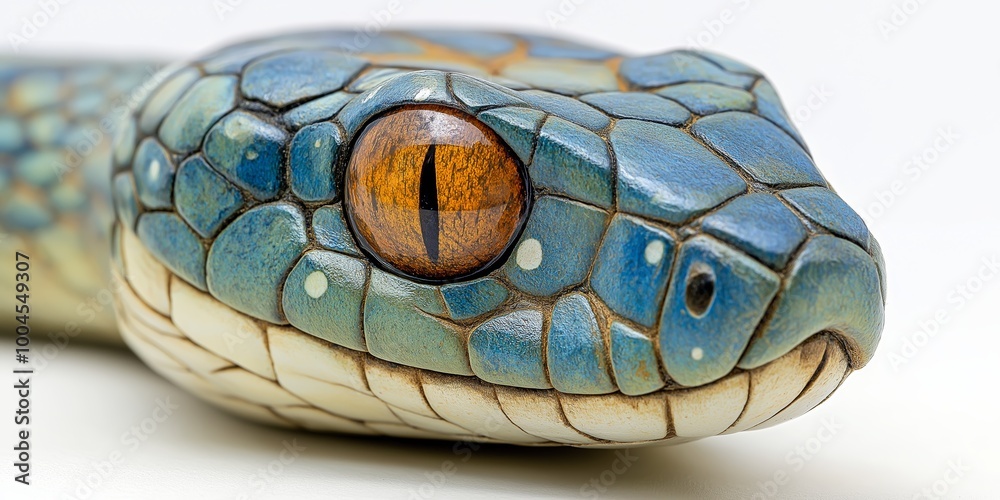Close-up of a detailed wooden snake carving painted in various shades of green, featuring an intricate eye detail against a blurred white background