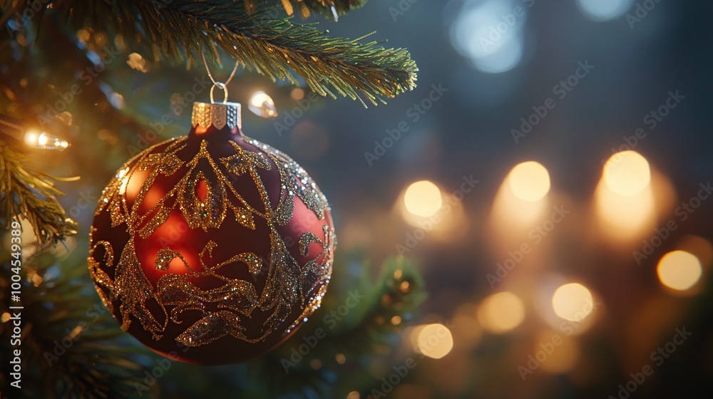 Ornate Christmas ornament on a festive tree. Ornate Christmas ornament on a festive tree.