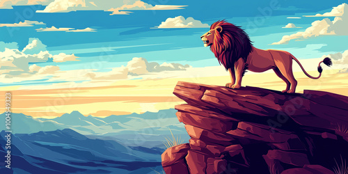 A lion stands majestically on a rock outcropping, overlooking a vast savanna landscape, animal illustration