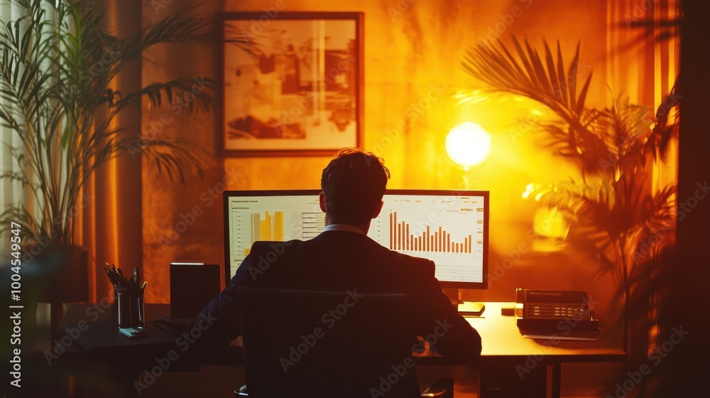 Fototapeta premium Nighttime work in a stylish office with illuminated screens and warm colors highlighting focused analysis and productivity