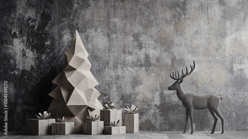 Modern Geometric Christmas Tree and Deer Sculpture with Gifts Against a Rustic Concrete Wall
