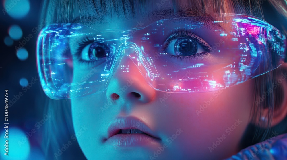 Cyberpunk futuristic little girl in digital vision modern glasses technology AI generated image Cyberpunk futuristic little girl in digital vision modern glasses technology AI generated image