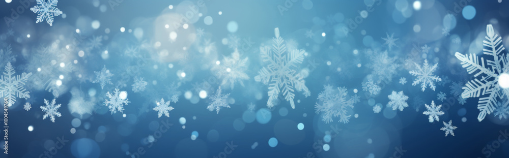 Snowflakes and bokeh lights creating a winter holiday banner background Snowflakes and bokeh lights creating a winter holiday banner background