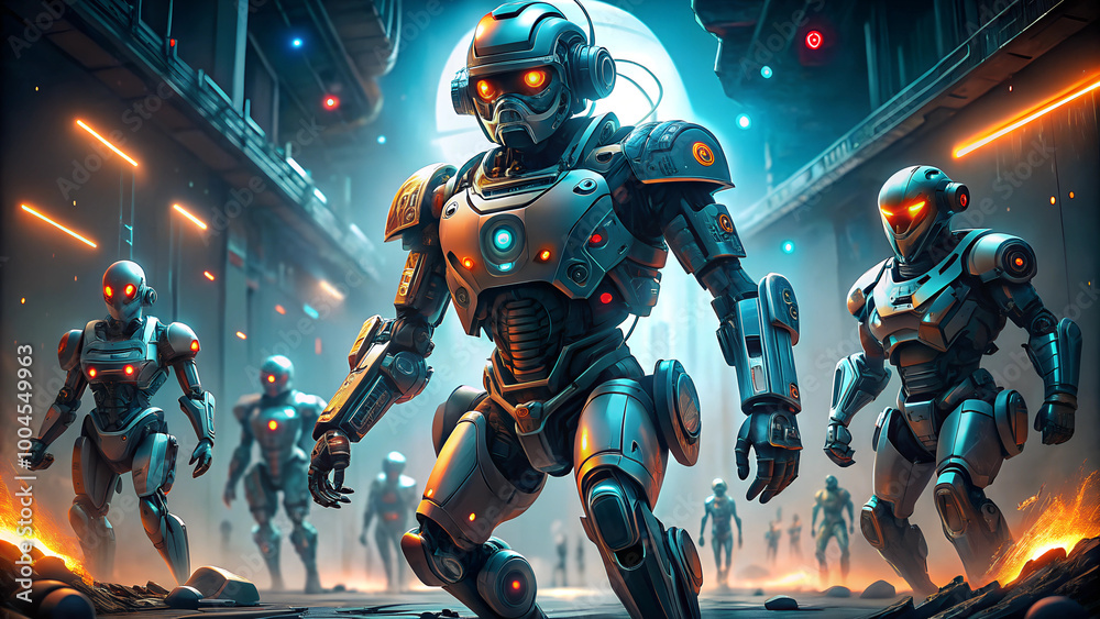 Futuristic army of robotic warriors marching in a high-tech environment