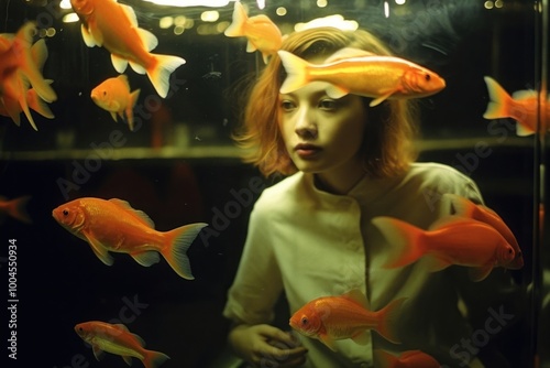 A woman behind the fish tank goldfish animal adult. photo