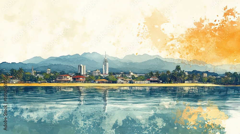 Fototapeta premium Puntarenas, Costa, color pen pencil hand-drawn effect drawing illustration for travel poster, card, wallpaper, backdrop or banner. Modern, clear, artistic and simple