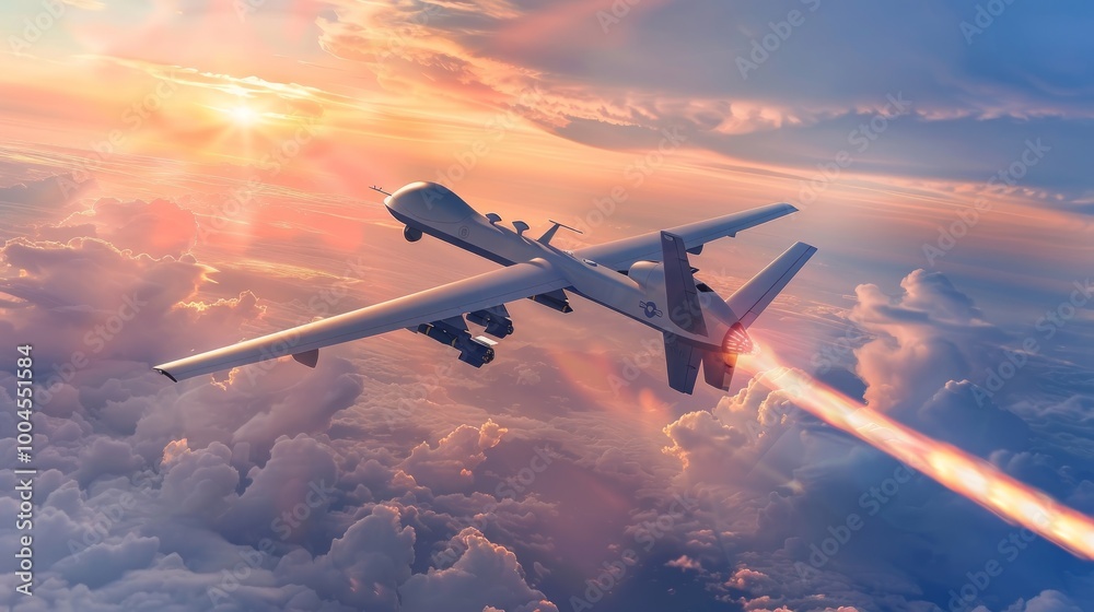 Combat drone flies high in the sky and shoots missiles, concept. Modern warfare and drones. Attack and danger. Rocket, Combat drone flies high in the sky and shoots missiles, concept. Modern warfare and drones. Attack and danger. Rocket,