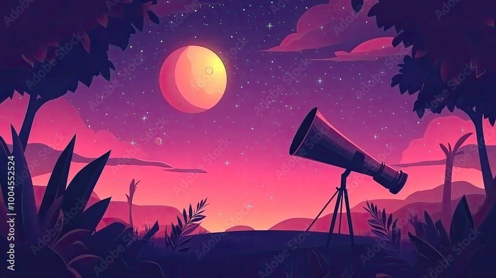 A telescope pointed at a full moon in the night sky, surrounded by trees and a purple and pink sky. A telescope pointed at a full moon in the night sky, surrounded by trees and a purple and pink sky.