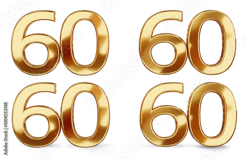 60 golden 3d render symbol, flat without shadow and shadow on the ground, standing, 