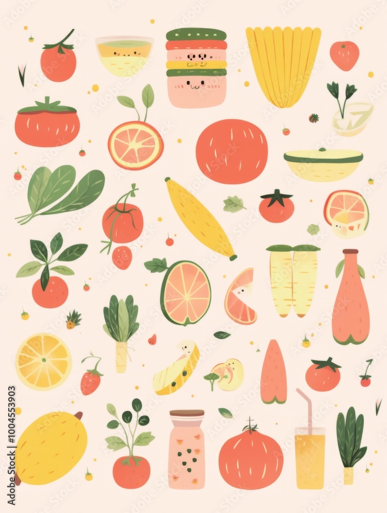 A flat vector illustration of various healthy food items including fruits, vegetables, and smoothies A flat vector illustration of various healthy food items including fruits, vegetables, and smoothies