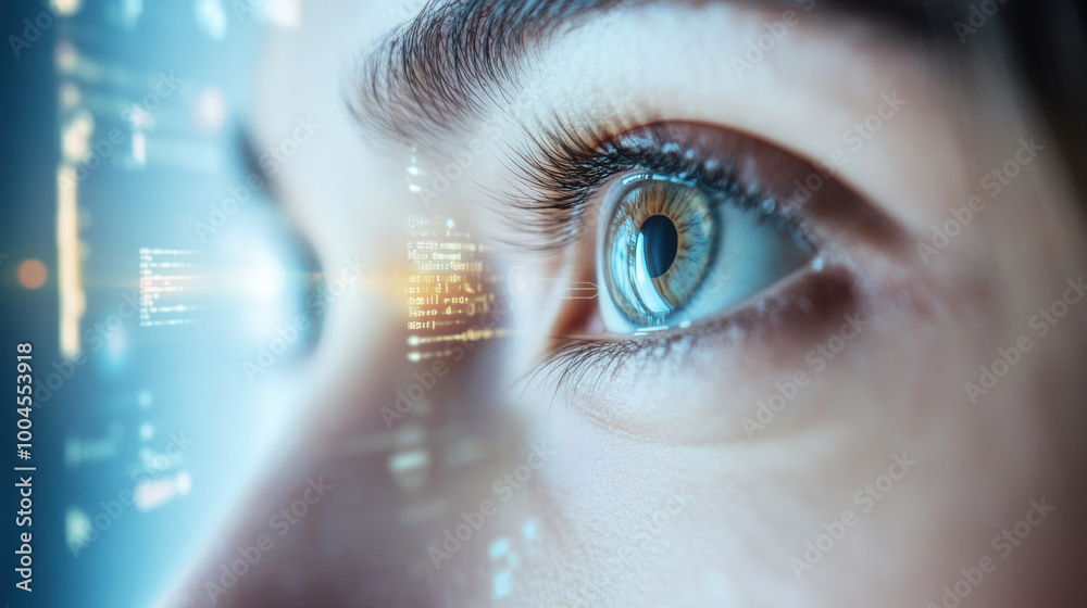 close up of persons eye focused on futuristic monitor displaying graphical data, showcasing blend of technology and human emotion. eye reflects curiosity and engagement with digital world