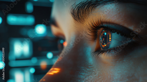 close up of persons eye reflecting futuristic graphical elements on monitor, showcasing intricate details and vibrant colors. image evokes sense of technology and innovation