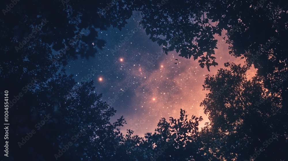 Starry night sky framed by tree silhouettes. Starry night sky framed by tree silhouettes.