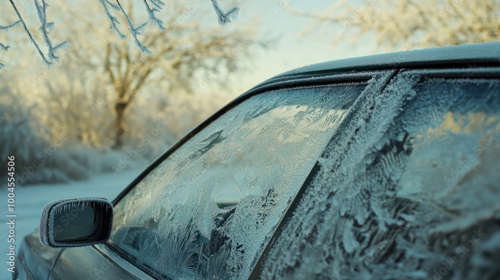Obraz premium Morning frost covers the car window with ice, creating a frozen scene on the glass as cold winter temperatures drop, making driving challenging and requiring scraping for safe transport